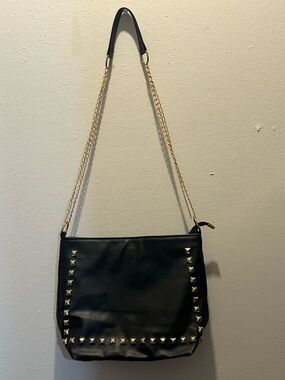 Black Studded Shoulder Bag with Gold Chain Strap